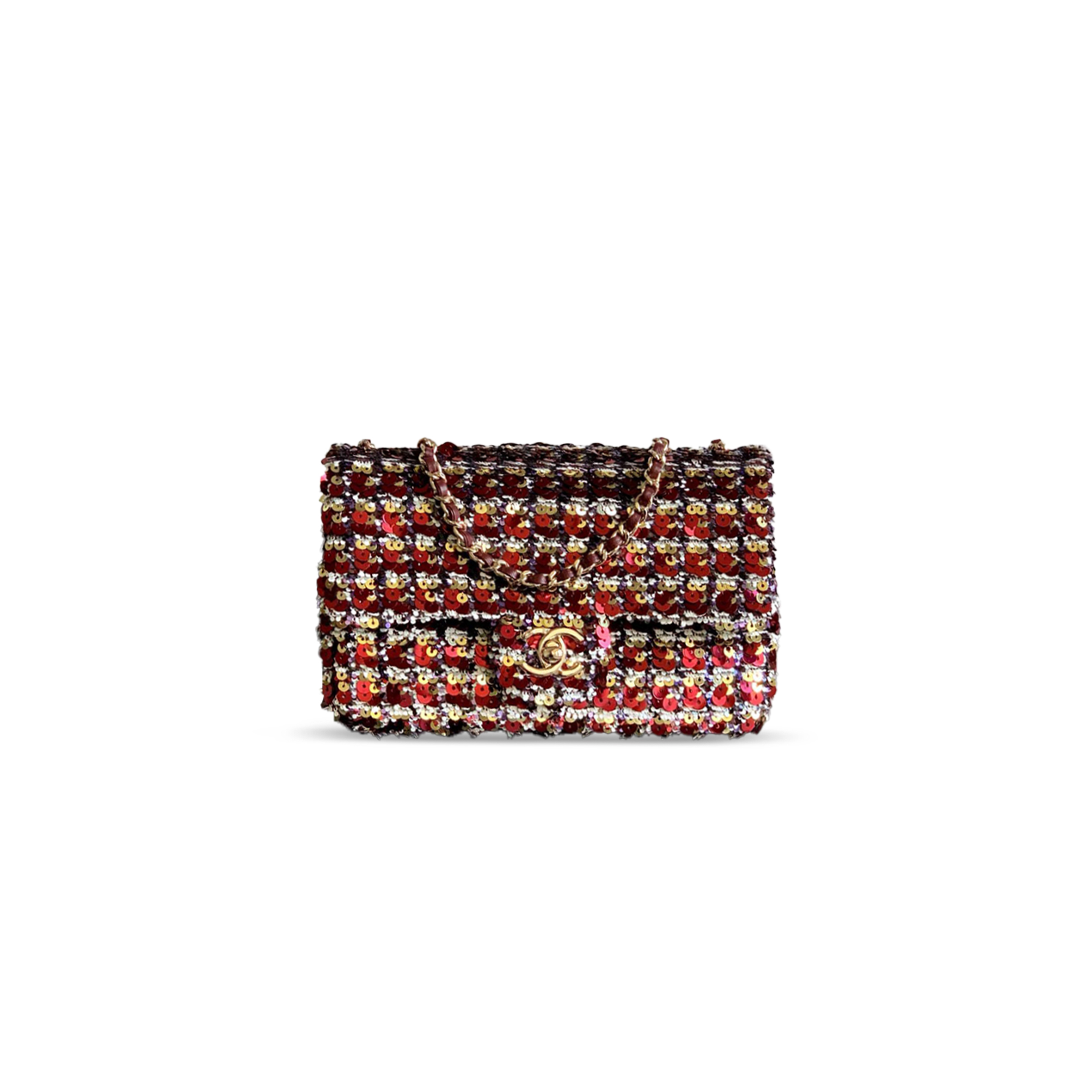 CHANEL FLAP BAG SEQUINS & GOLD-TONE METAL GOLDEN & DATE RED AS4561 (21*14*8cm)